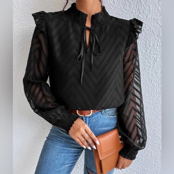 Tops - 🔥BNWOT Tie Neck Ruffle Trim Lantern Sleeve Blouse!